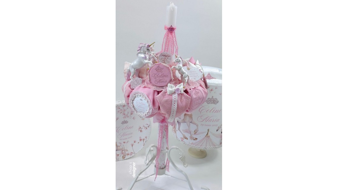 Lumanare cu unicorni roz si broderie personalizata Unicorni si dantela 3